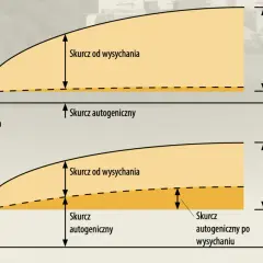 Wykresy pokazują, jak długo schnie beton, ilustrując skurcz autogeniczny i od wysychania w czasie dojrzewania.