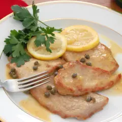 Piccata de veau, tendre escalope de veau sauce citronnée, câpres et persil frais, sur une assiette blanche bordée d'or.