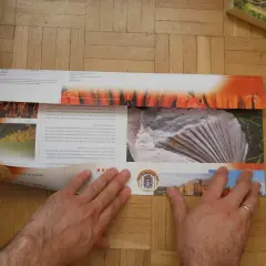 Składanie papieru, by jak oprawić książkę. Dłonie z pierścionkiem na palcu zaginają kolorowy druk.