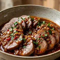 Tranches de langue de bœuf tendres dans une sauce riche, garnies de persil frais et de piment. Un plat savoureux et réconfortant.