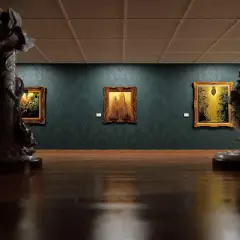 W galerii sztuki, na tle ciemnozielonej ściany, wiszą trzy obrazy Beksińskiego. W centralnym punkcie, niczym wieża, wznosi się budowla.