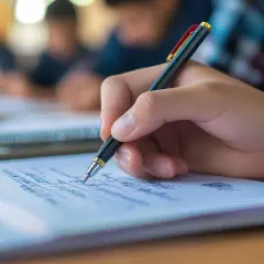 Dłoń pisząca długopisem po kartce papieru w zeszycie, w tle niewyraźne sylwetki uczniów.