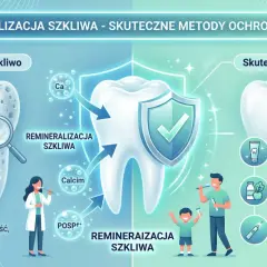 Jak wzmocnić zęby? Grafika pokazuje remineralizację szkliwa przez wapń i fosforany, higienę (pasty z fluorem), dietę (nabiał, warzywa) i zabiegi (lakiery, laser).