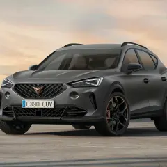Stylowy, ciemnoszary cupra samochod z miedzianymi akcentami na felgach, zaparkowany na tle zachodzącego słońca.