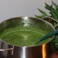 En kastrull med grön spenatsoppa, redo för ett enkelt spenatsoppa recept. Gröna blad syns i bakgrunden.