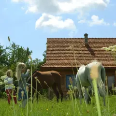 Dwie dziewczynki i dwa konie na łące przed drewnianym domkiem. Idealne miejsce na agroturystykę w Małopolsce.