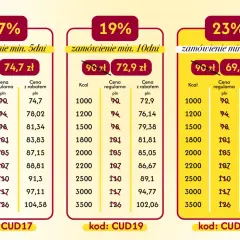 Tabela pokazuje, ile kosztuje miesięczny catering w zależności od kaloryczności i długości zamówienia. Ceny zaczynają się od 69,3 zł.