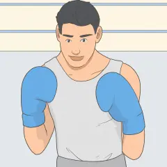 A boxer in blue gloves stands ready, his stance showing he's prepared to spare no effort in the ring.