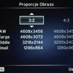 Menu aparatu pokazuje proporcje zdjęć: 3:2 i 4:3, z opcjami rozmiaru RAW, Large, Middle, Small.
