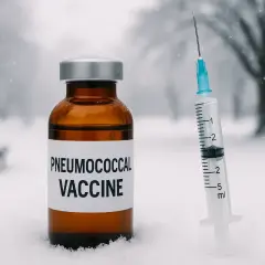 Szczepionka na pneumokoki w fiolce i strzykawce na śniegu. Zimowa sceneria parku z ławką w tle.