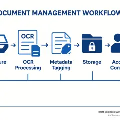 Flux de gestion documentaire : capture, traitement OCR, mise en place d'un index (métadonnées), stockage et contrôles d'accès.