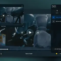 A user is watching "Tears of Steel" on 5KPlayer, a media player that appears safe and user-friendly, with a playlist visible.