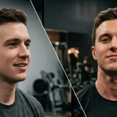 Split image shows a man's neck before and after using a neck harness. The left side shows a less defined neck, while the right side displays a more muscular and vascular neck.