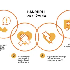 Łańcuch przeżycia: rozpoznanie zagrożenia, resuscytacja krążeniowo-oddechowa, defibrylacja AED, opieka medyczna. Kluczowe dla pierwszej pomocy u dzieci.