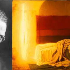 Portrait of Henry Ossawa Tanner, a famous Black artist, beside his painting "The Annunciation," showcasing his mastery of light and emotion.