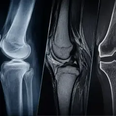 Diverse immagini mediche del ginocchio: anatomia, radiografia, risonanza magnetica ed ecografia per diagnosticare il dolore al ginocchio.
