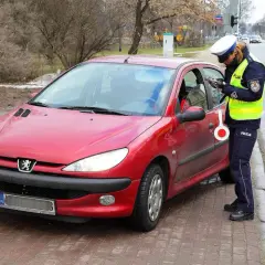 Policjantka kontroluje dokumenty kierowcy czerwonego Peugeota, grozi mu utrata prawa jazdy za punkty.