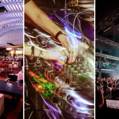Interni di discoteche a Milano: un locale con divani e tavoli, mani di un DJ sui piatti e folla in festa sotto una sfera da discoteca.
