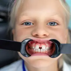 Uśmiechnięta dziewczynka z niebieskimi oczami, u której widoczna jest diastema u dzieci. W ustach ma rozwierak dentystyczny.