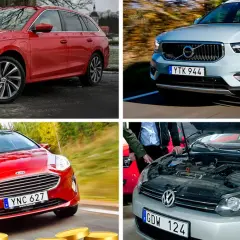 Vilka bilar har kamkedja? En röd Skoda, en ljusblå Volvo, en röd Ford och en vit VW med öppen motorhuv.