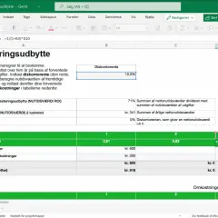 Arkusz kalkulacyjny Excel z tabelą "Investeringsudbytte" i polem "Diskontorente".