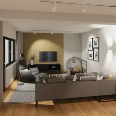 Moderne wohnzimmer anordnung mit grauem Sofa, Sessel, TV und Bilderwand. Ein gemütlicher Rückzugsort.