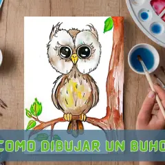 Ilustración de un buho tierno en acuarela, con pinceles y paleta de colores. Aprende como dibujar un buho paso a paso.