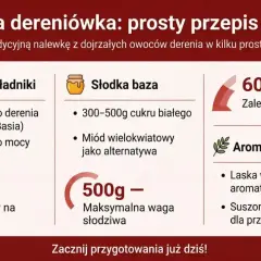 Przepis na domową nalewkę z derenia: 1 kg owoców, 1 litr alkoholu 60-70%, cukier lub miód, wanilia i jałowiec.