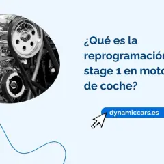 Detalle de motor de coche y texto: "¿Qué es la reprogramación stage 1 en motor de coche?". Pros y contras.