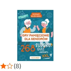 Okładka książki "Gry pamięciowe dla seniorów" z wesołymi postaciami i hasłem "Zachowaj młody umysł".