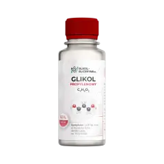 Butelka z płynem, na etykiecie nazwa "GLIKOL PROPYLENOWY" i wzór chemiczny. Dowiedz się, co to jest glikol propylenowy.