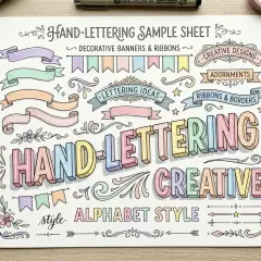 Hoja de muestra de lettering con ideas de letras para títulos, adornos, cintas y bordes en estilo alfabeto.