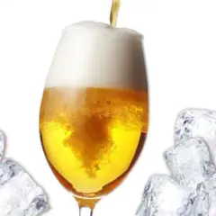 Ein Glas Bier wird mit Eiswürfeln und einem Thermometer umgeben, um zu zeigen, wie man das Bier kalt stellen kann.