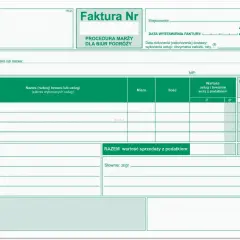 Faktura VAT marża dla biur podróży, z polami na dane sprzedawcy, nabywcy, opis usług, kwoty i daty.