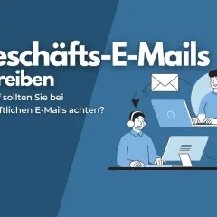 Geschäftliche E-Mails schreiben: Tipps zur e-mail etikette. Illustration zeigt Personen, die an Computern arbeiten und E-Mails austauschen.