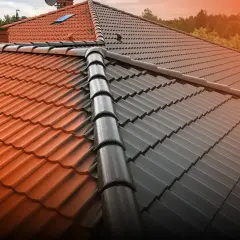 Malowanie dachów cena za m2. Połowa dachu pomarańczowa, połowa ciemnoszara. Widać wyraźną granicę między kolorami.