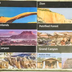 Kolekcja zdjęć prezentująca parki narodowe Ameryki: Arches, Zion, Canyonlands, Petrified Forest, Bryce Canyon i Grand Canyon.