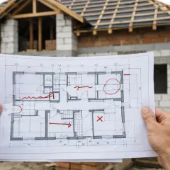 Kierownik budowy analizuje projekt domu w budowie, zaznaczając czerwonymi symbolami jakie zmiany w projekcie może wprowadzić.