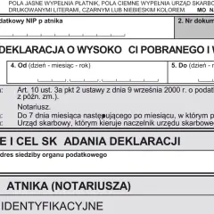 Deklaracja PCC-2 dotycząca podatku od kupna mieszkania. Formularz wypełnia notariusz.
