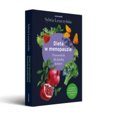 Książka "Dieta w menopauzie" Sylwii Leszczyńskiej. Okładka z owocami, warzywami i motylami. Przewodnik po zdrowym odżywianiu dla kobiet.
