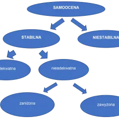 Schemat pokazuje, jakie są emocje związane z samooceną: stabilna (adekwatna, zaniżona, zawyżona) i niestabilna (nieadekwatna).