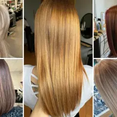 Kolaż prezentuje modne fryzury młodzieżowe damskie: blond, rudy, brązowy i rudy bob.