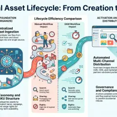 Visualizing the digital asset lifecycle from creation to archive, showcasing AI-powered tagging, centralized ingestion, and efficient distribution for digital asset creation.