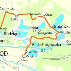 Mapa turystyczna z zaznaczoną trasą przez Stawy Milickie, łączącą miejscowości takie jak Żmigród, Czarny Las, Grabówka i Sułów.