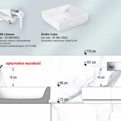 Schemat instalacji baterii wannowej GROHE. Optymalna wysokość montażu to 101 cm od podłogi.