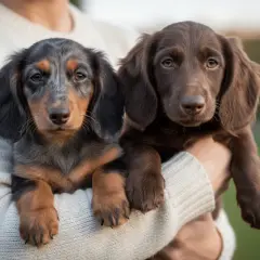 Dos cachorros teckel medianos, uno merle y otro marrón, son sostenidos en brazos.