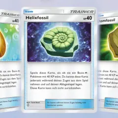 Drei Pokémon-Itemkarten: Altbernstein, Helixfossil und Domfossil. Jede Karte zeigt ein Fossil und kann als Basis-Pokémon mit 40 KP gespielt werden.