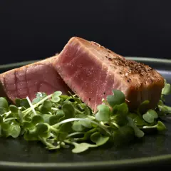 Två bitar grillad tonfisk med peppar ligger på en bädd av gröna skott på en mörk tallrik.