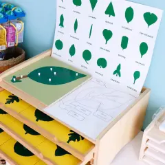 Materiales educativos de estilo montessori para aprender formas de hojas.
