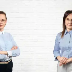 Dwie kobiety w koszulach na tle białej ceglanej ściany.